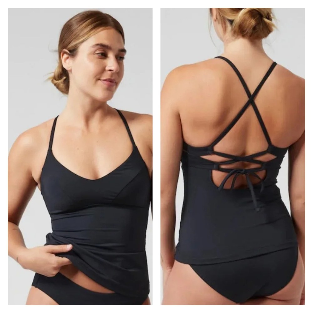 Athleta 2- Piece Swimsuit Womens M Black Stretch Adjustable Strap Scoop Neck